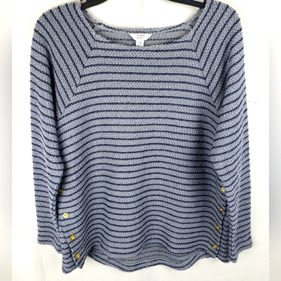 Crown & Ivy Blue and Gray Striped Long Sleeve Side Button Sweater Sz M - Picture 1 of 11